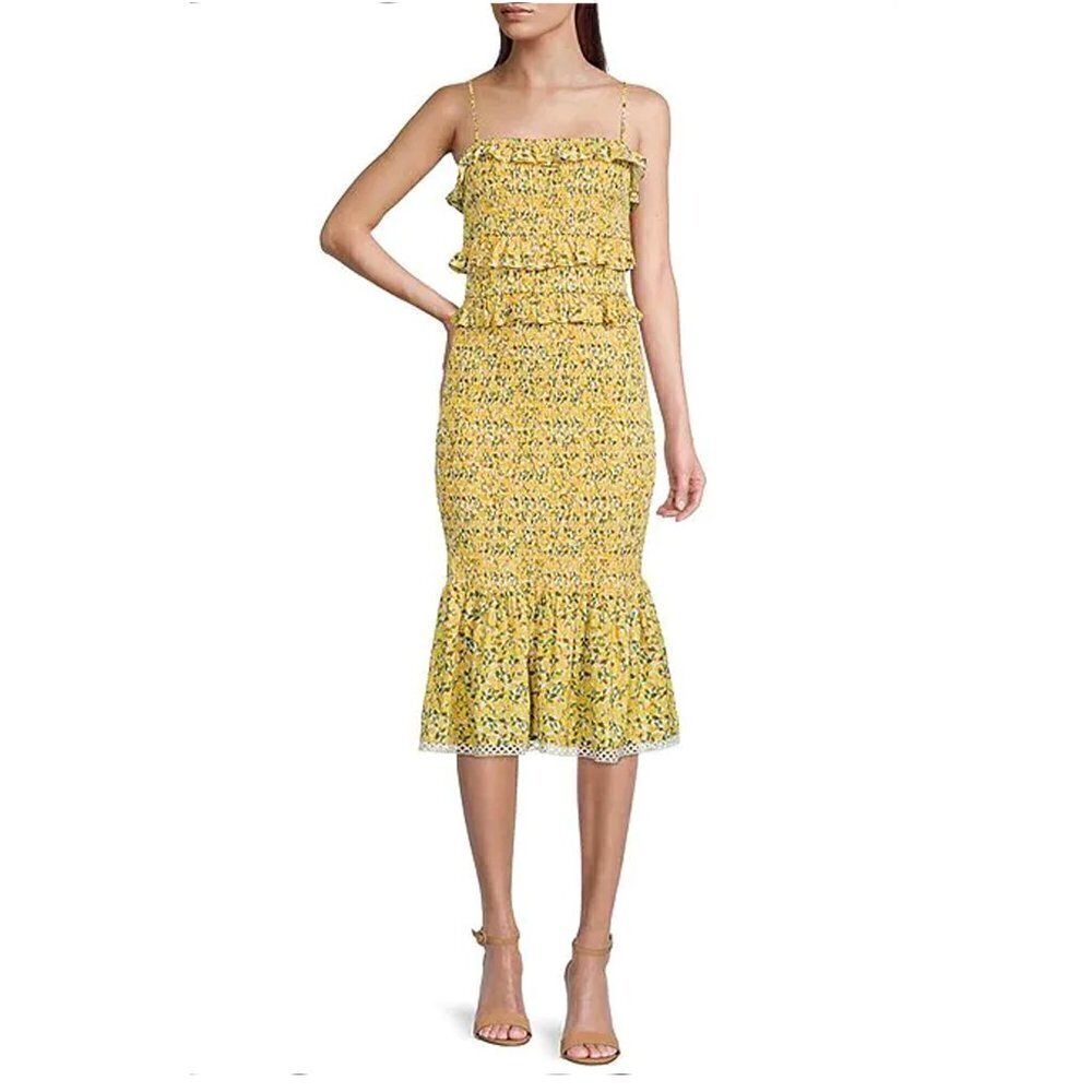 Antonio Melani Size 10 Yellow Sleeveless Ruffle Tiered Smocked Flounce Dress NEW